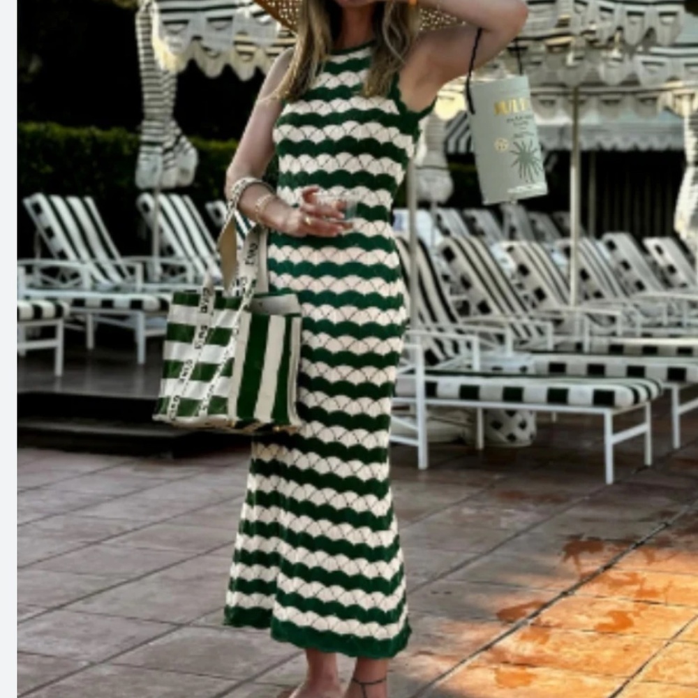 MISA Rosalia Long Emerald Striped Crochet Knit Dress